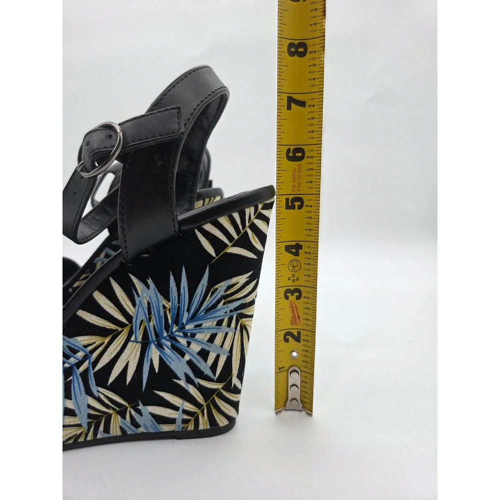 Charlotte Russe‎ Wedge Sandals 7 Black Womens Tropical Palm Leaf Platform Heels